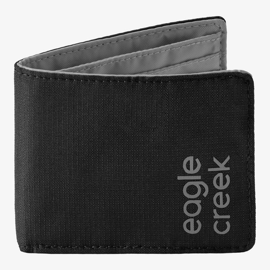 Black wallet with 'eagle creek' branding on a white background