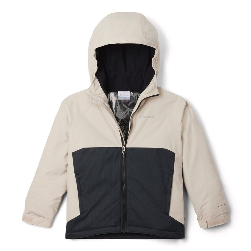 Load image into Gallery viewer, Two-tone beige and black jacket with a hood on a white background
