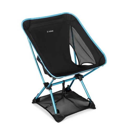 Black camping chair with blue frame on a white background