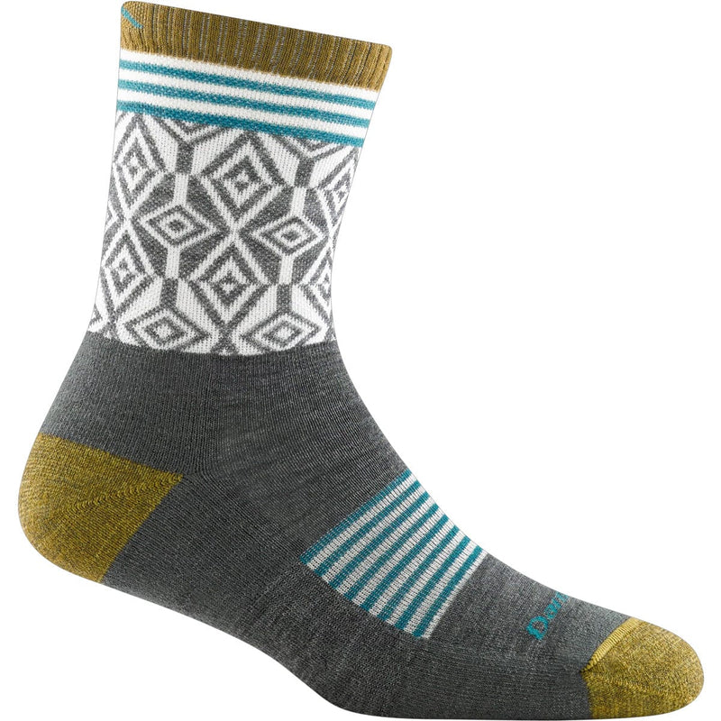 Load image into Gallery viewer, Gray sock with geometric pattern and green accents on a white background
