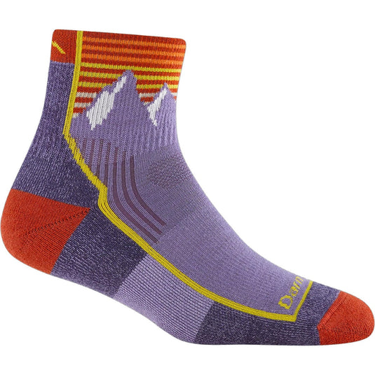 Purple sock with red and yellow accents on a white background