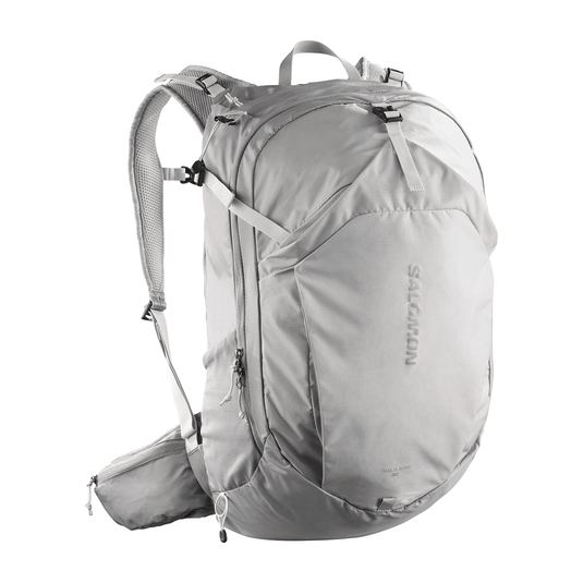 Gray backpack with Salomon branding on a white background
