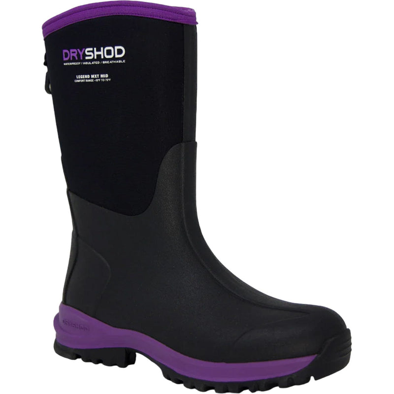 Load image into Gallery viewer, Black rubber boot with purple accents on a white background
