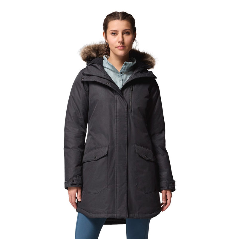 Load image into Gallery viewer, Woman wearing a dark gray parka with fur hood on a white background
