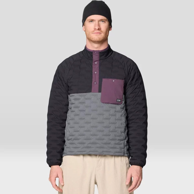 Load image into Gallery viewer, Man wearing a black and gray quilted jacket with a purple pocket on a light gray background
