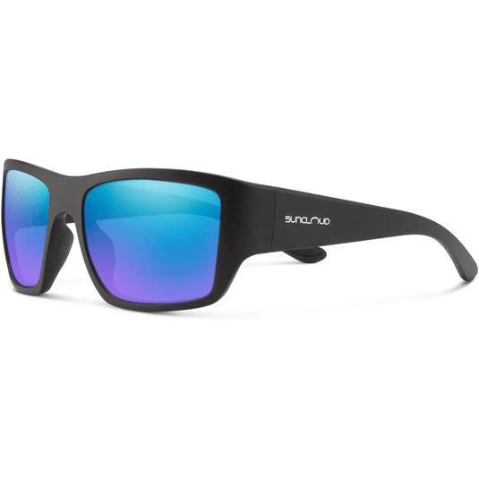 Black sunglasses with blue lenses on a white background