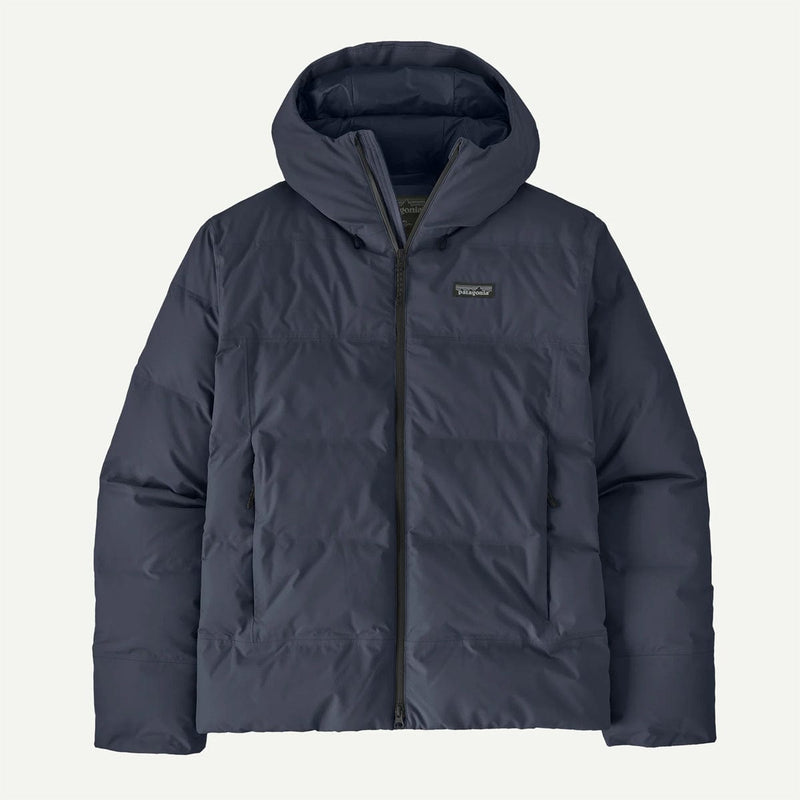 Load image into Gallery viewer, Dark blue jacket with a hood on a light gray background
