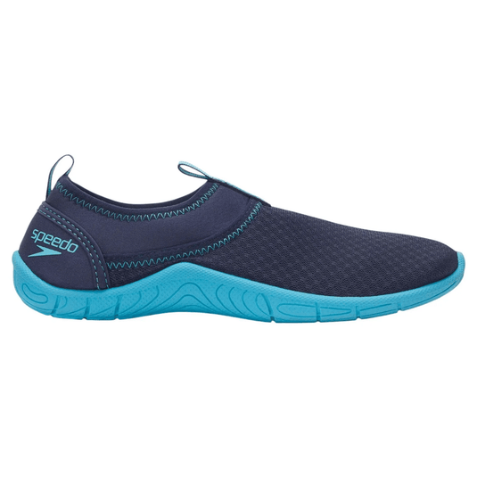 Navy and blue water shoe with Speedo logo on a white background