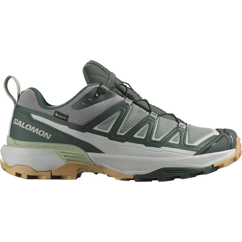 Load image into Gallery viewer, A Salomon X Ultra 360 Edge GTX hiking shoe for men with a green upper, beige sole, and black detailing.

