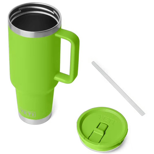 Green travel mug with handle, lid, and straw on a white background
