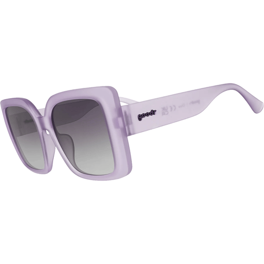 Sunglasses with purple frame and gradient lenses on a white background