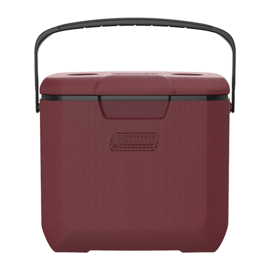Maroon cooler box with black handle on a white background