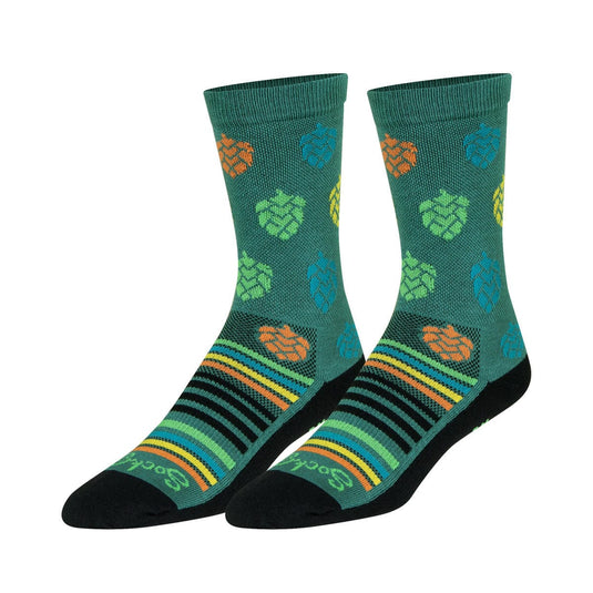 Pair of green socks with colorful patterns on a white background