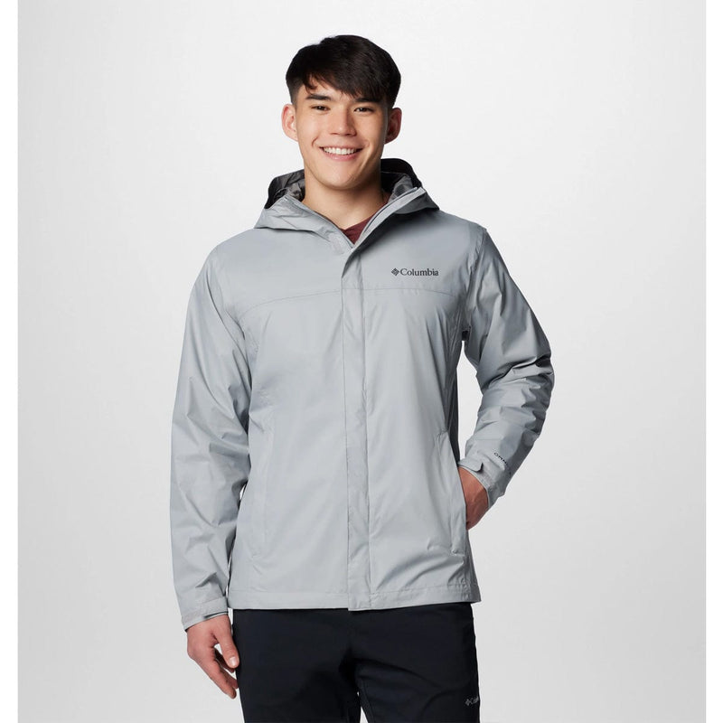 Load image into Gallery viewer, Person wearing a gray Columbia jacket on a light gray background
