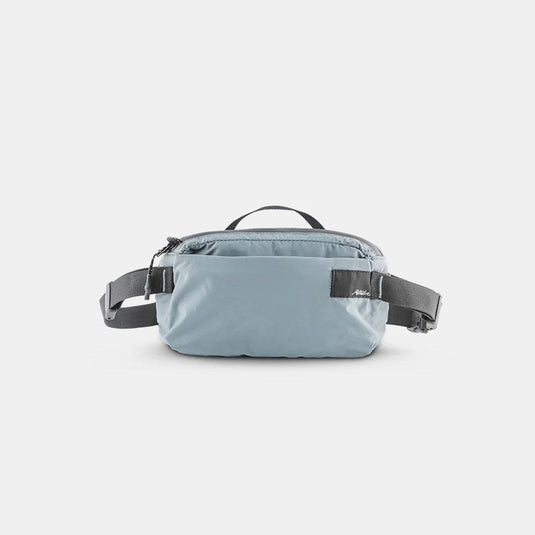 Light blue waist bag with black straps on a white background