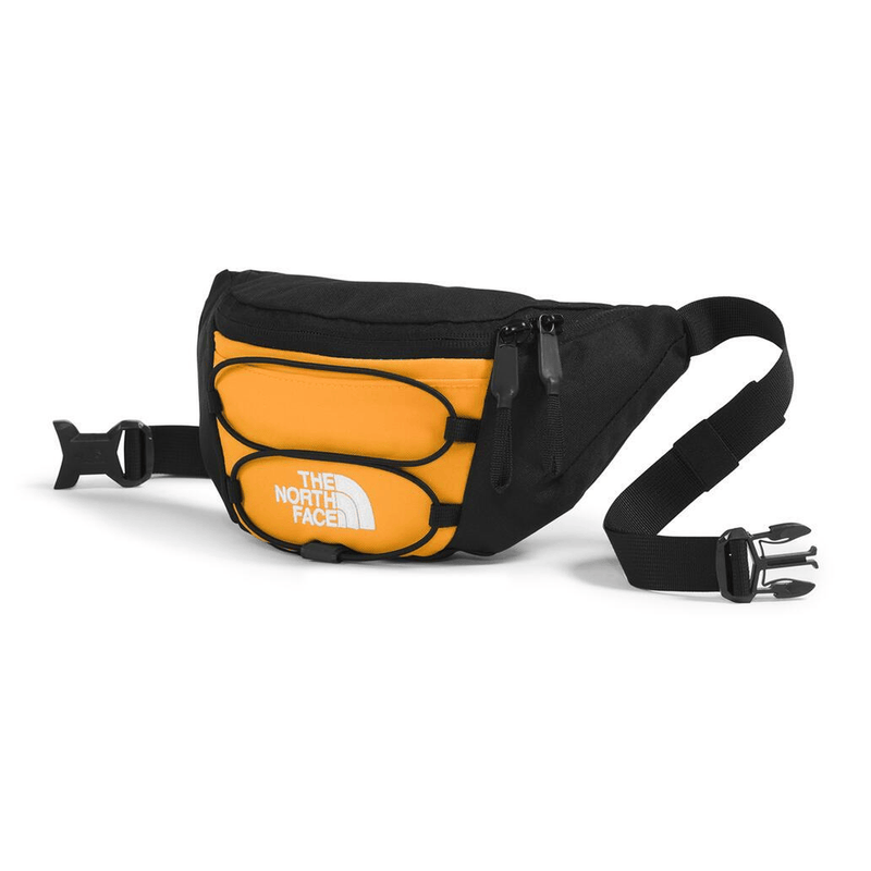 Load image into Gallery viewer, Black and orange waist bag with The North Face logo on a white background
