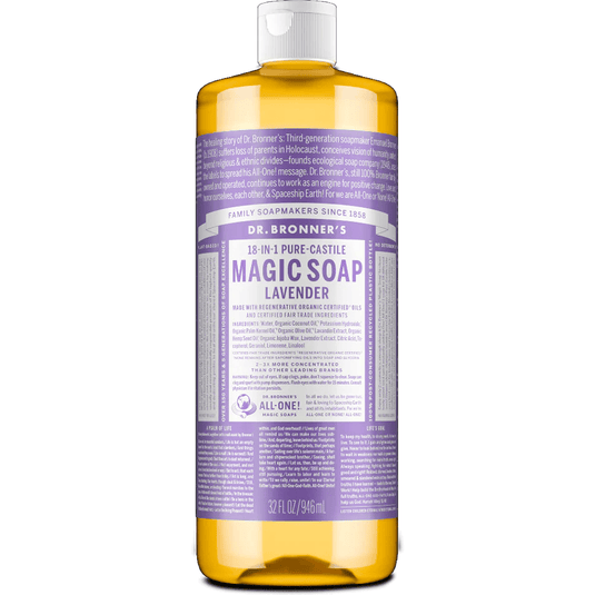 Dr. Bronner's Magic Soap bottle with lavender scent on a white background