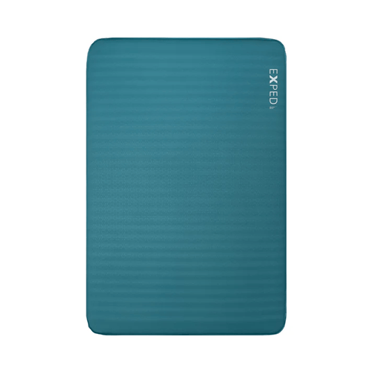 Blue camping mat with 'Exped' branding on a white background