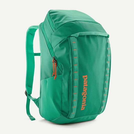 Green backpack with Patagonia branding on a white background
