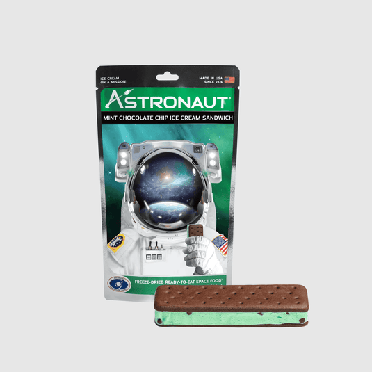 Astronaut-themed ice cream sandwich packaging with an astronaut graphic on a white background