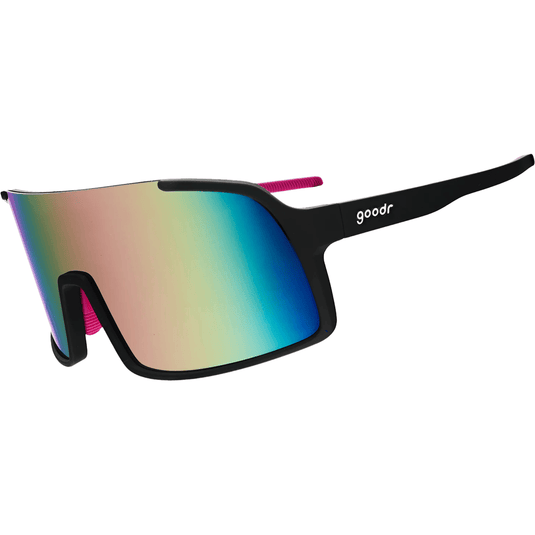 Sunglasses with a gradient lens and black frame on a white background