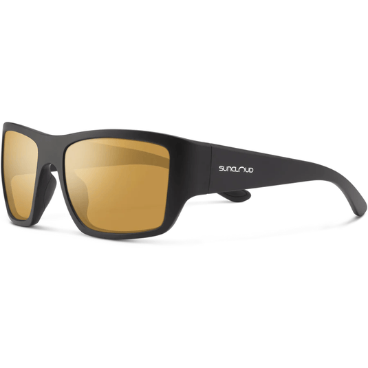 Black sunglasses with gold lenses on a white background