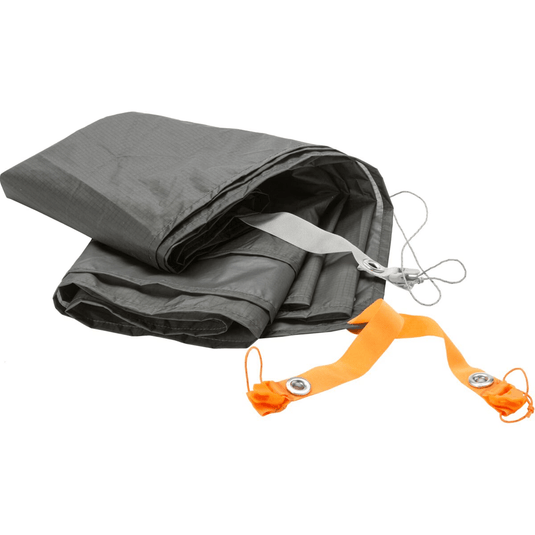 Folded gray tarp with orange handles and a scissor on a white background
