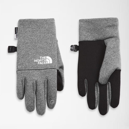 Gray and black gloves with The North Face logo on a white background