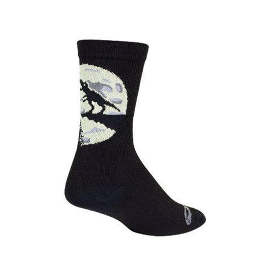 Black sock with a white graphic design on a white background
