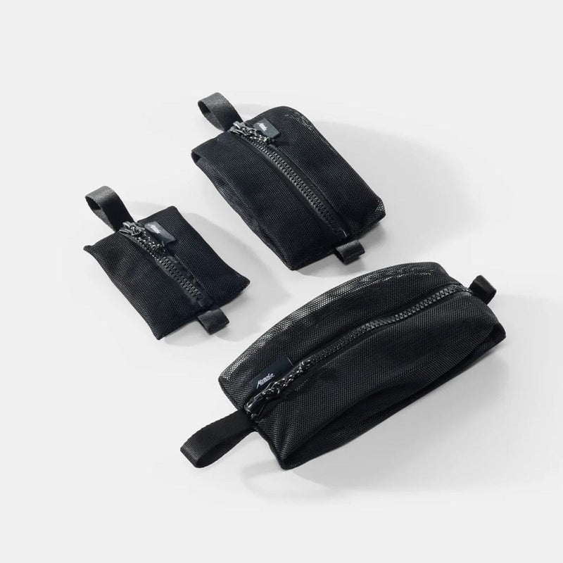 Load image into Gallery viewer, Three black mesh pouches with zippers on a white background
