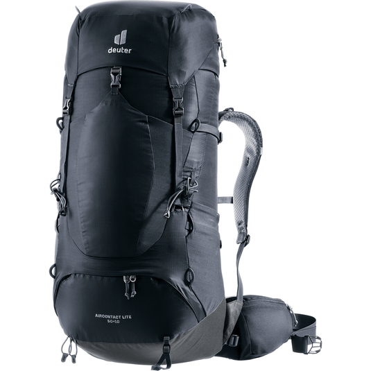 Black hiking backpack with visible Deuter logo on a white background