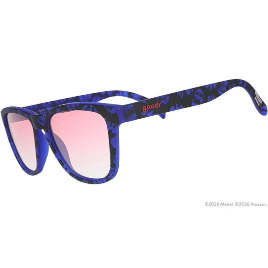 Sunglasses with blue frame and pink lenses on a white background
