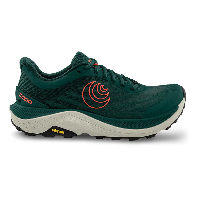 Load image into Gallery viewer, A green Topo Ultraventure 4 trail running shoe for men with orange detailing and a black sole.
