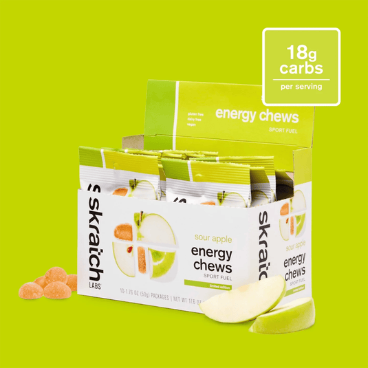 Skratch Labs energy chews packaging on a green background
