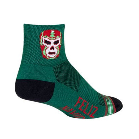 Green sock with red and white graphic design on a white background