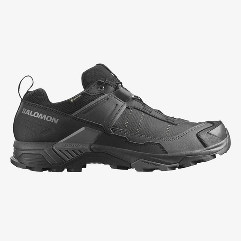 Load image into Gallery viewer, A black Salomon X Ultra 5 GTX hiking shoe for men with a low-top design, featuring a GORE-TEX waterproof membrane and a Contagrip outsole for traction.
