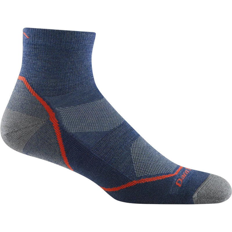 Load image into Gallery viewer, Blue and gray sock with red accents on a white background
