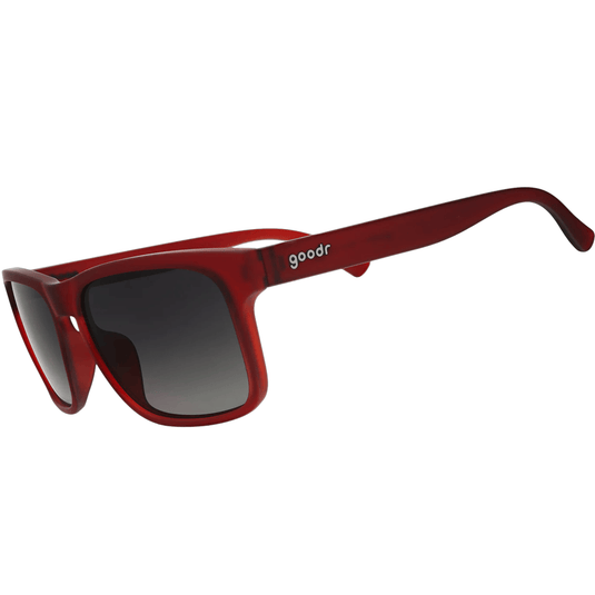 Red sunglasses with a 'goodr' logo on a white background