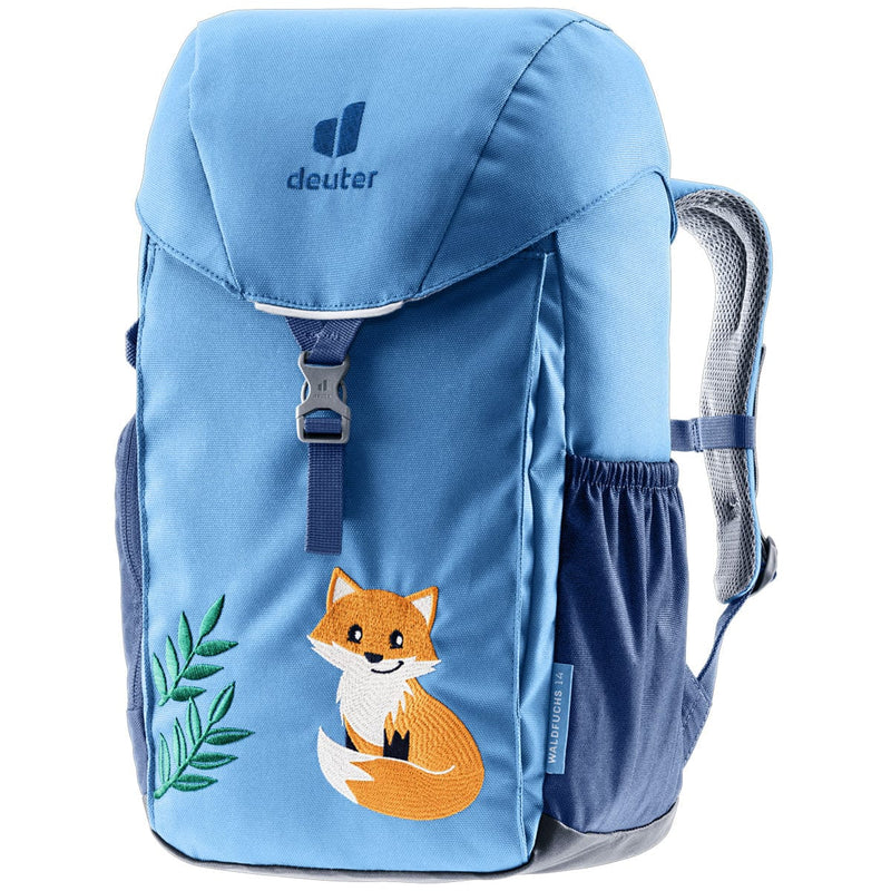 Load image into Gallery viewer, Blue children's backpack with a fox design and Deuter logo on a white background
