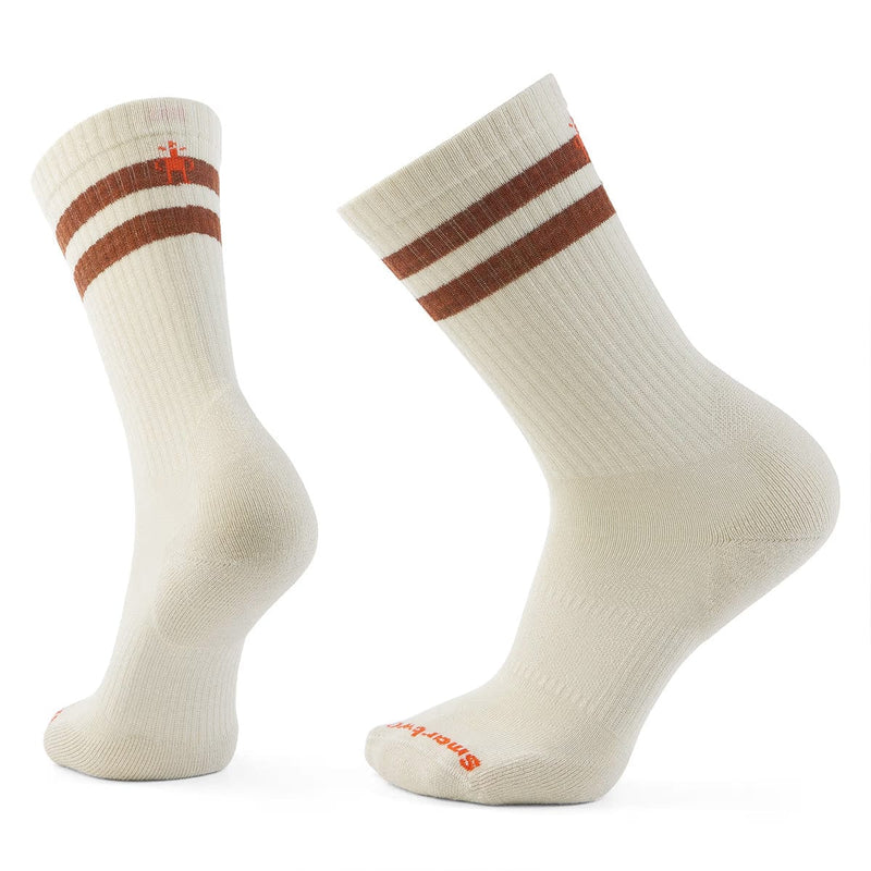 Load image into Gallery viewer, Pair of cream socks with brown stripes on a white background
