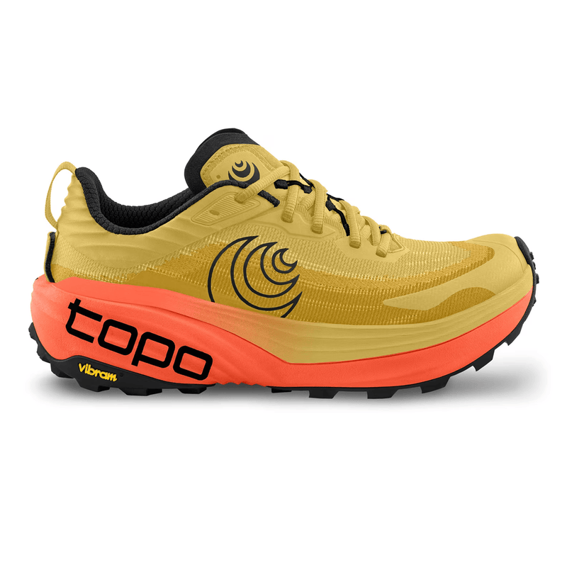 Load image into Gallery viewer, Yellow and orange running shoe with 'Topo' branding on a white background
