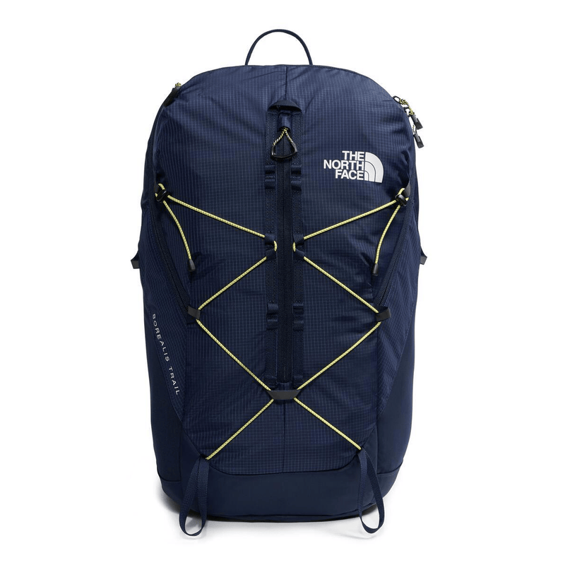 Load image into Gallery viewer, Navy blue backpack with yellow accents and The North Face logo on a white background
