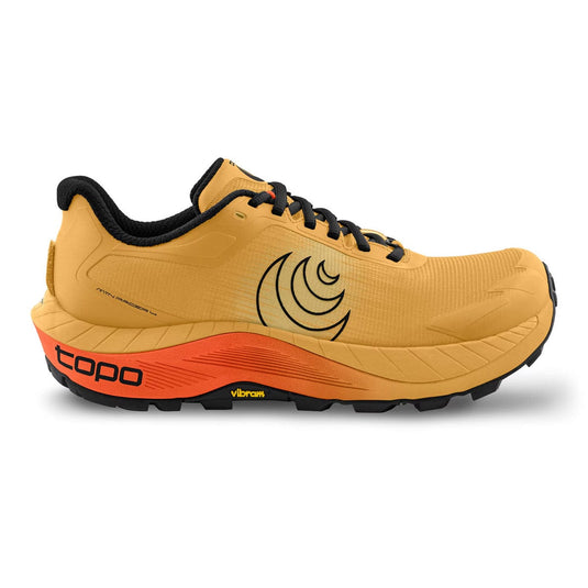 Yellow running shoe with orange sole on a white background