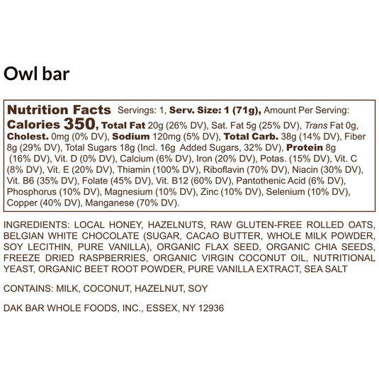 Dak Bar Owl  - Rasberry, White Chocolate & Hazelnut