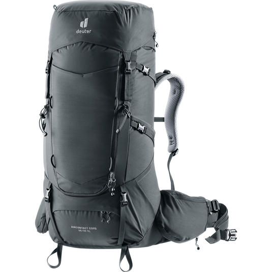 Gray hiking backpack with visible brand logo on a white background
