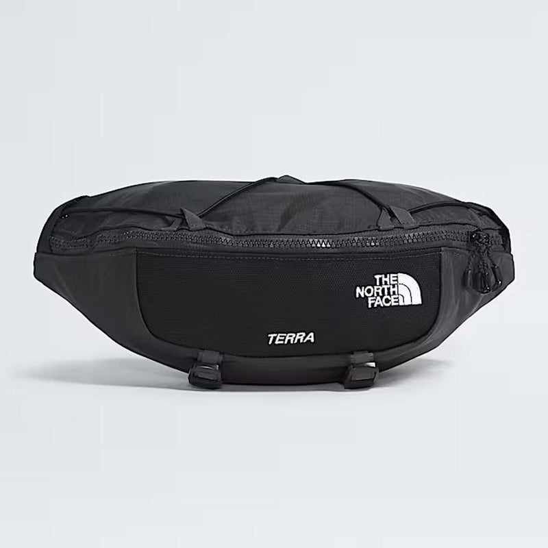 Load image into Gallery viewer, Black waist bag with 'The North Face' logo on a light gray background
