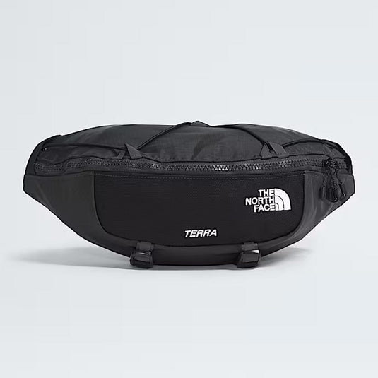 Black waist bag with 'The North Face' logo on a light gray background