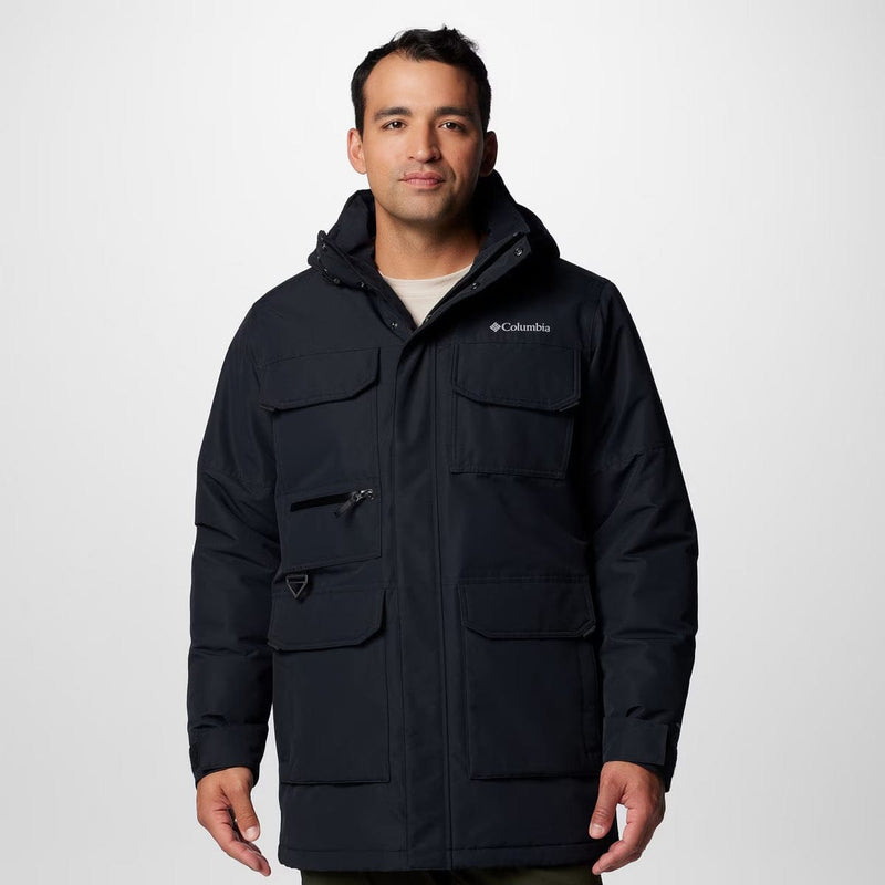 Load image into Gallery viewer, Man wearing a black Columbia jacket on a white background
