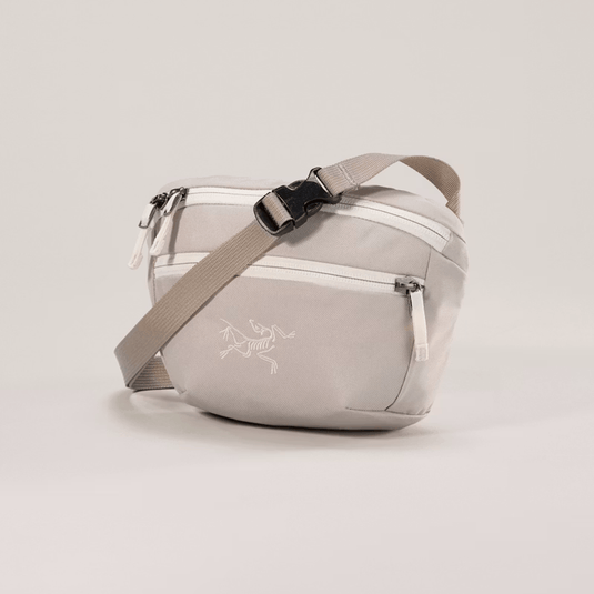 Gray waist bag with a brand logo on a light beige background