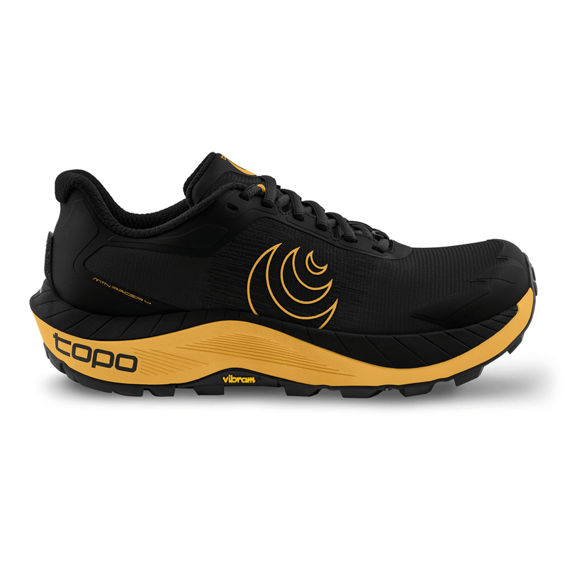 Load image into Gallery viewer, Black and yellow running shoe with Topo brand logo on a white background
